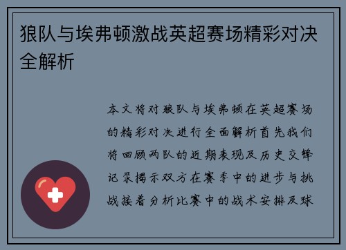 狼队与埃弗顿激战英超赛场精彩对决全解析